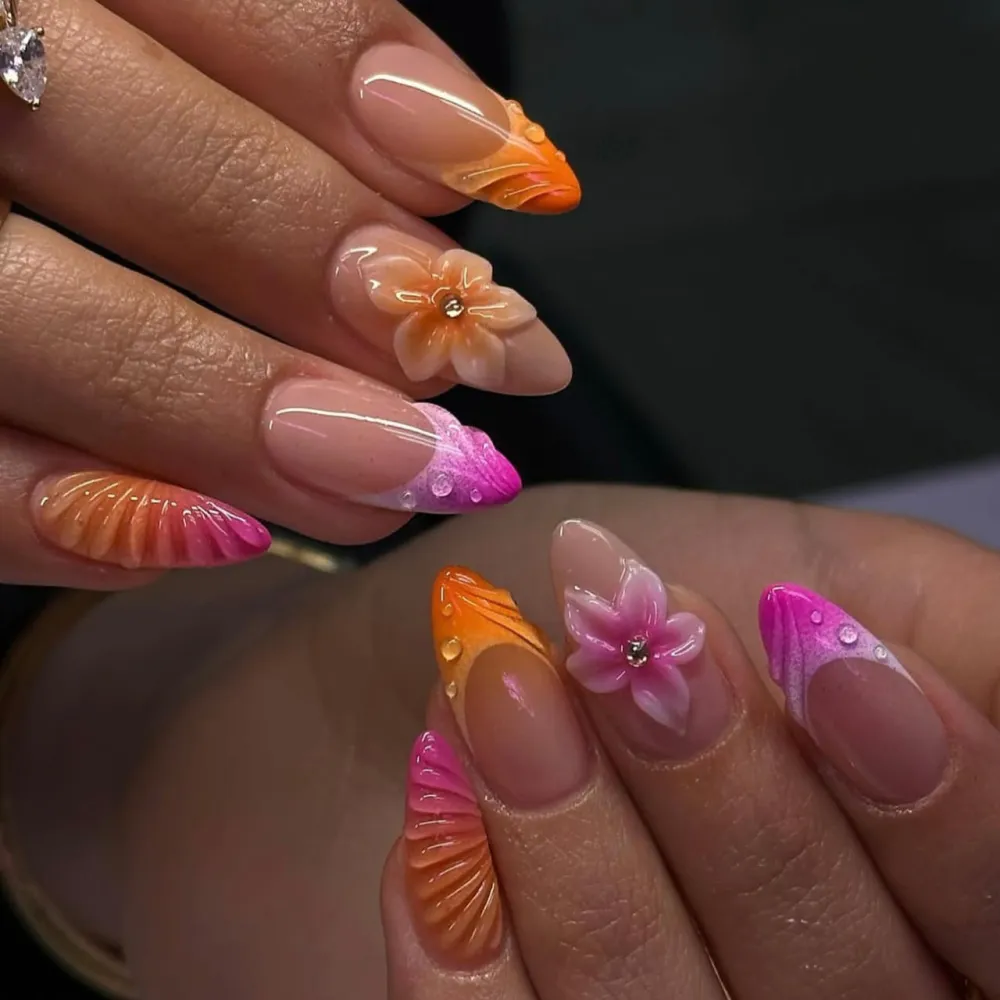Nailhour Summer Holiday 3D Pink Orange Floral 24Pcs French Press On Nails