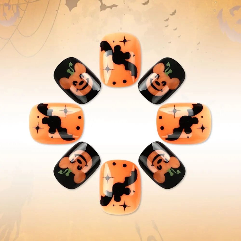 Nailhour 24Pcs Glossy Black And Orange Spider Ghost Halloween Short Squoval Press On Nails