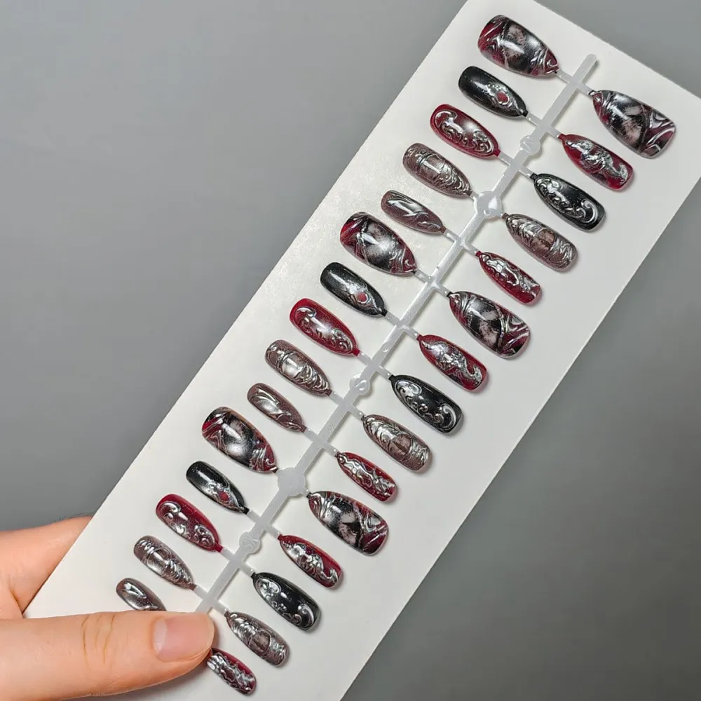 Nailhour 30Pcs Gilded 3D Medium Almond Dark Y2K Press On Nails