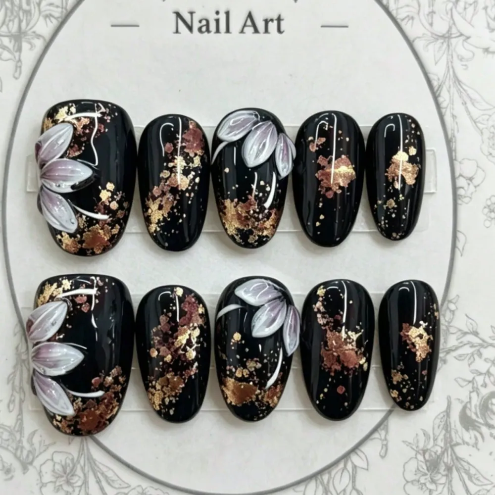 Nailhour 10Pcs Floral Handmade Gilded Medium Black Oval Press On Nails