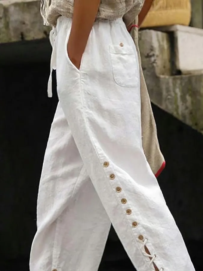 Women's Casual Solid Color Button Tie Waist Cotton Linen Pants