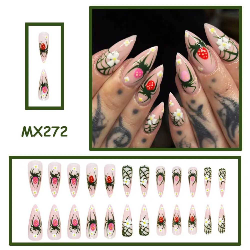 Nailhour 24Pcs Halloween 3D Long Almond Spider Motif Press On Nails