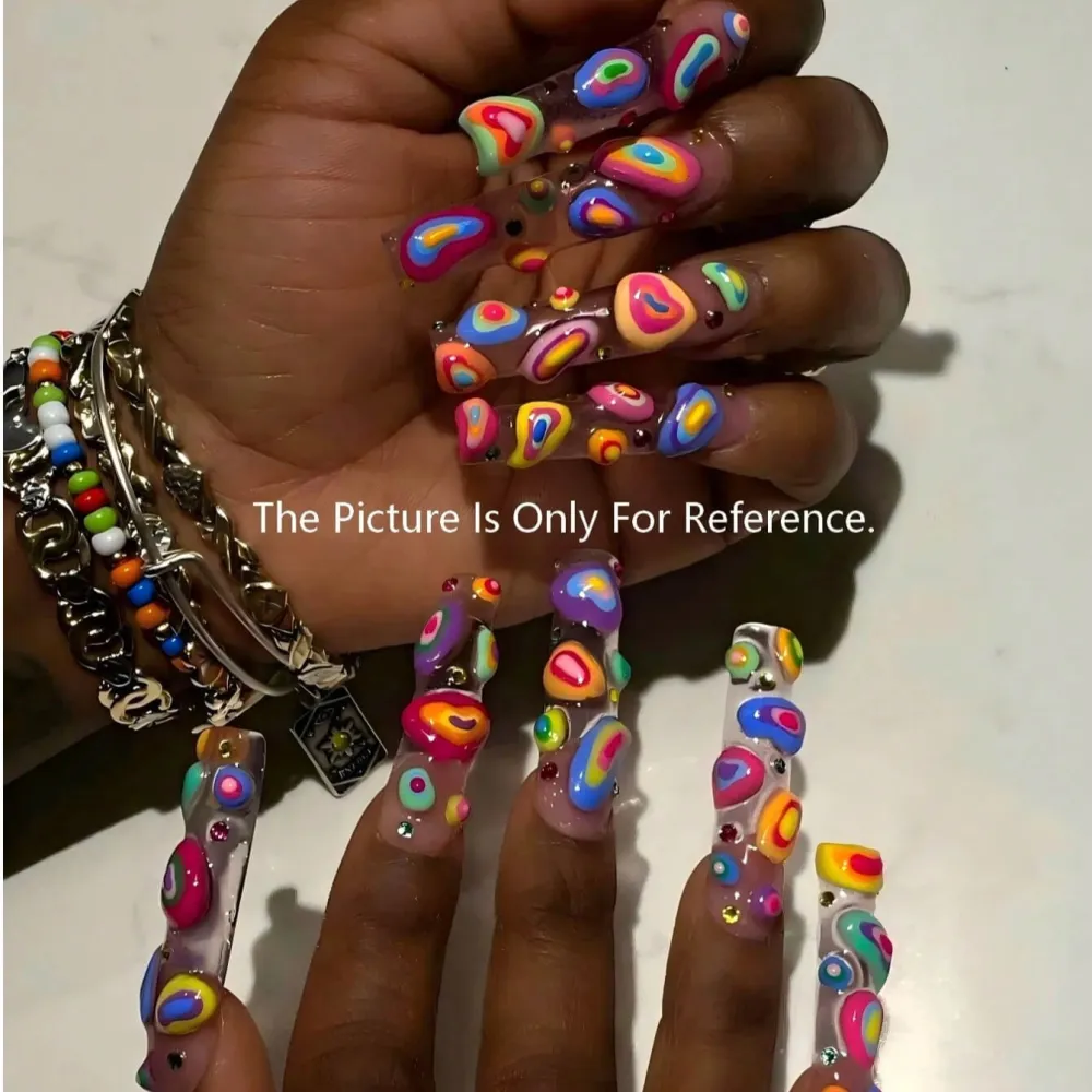 Nailhour 10Pcs Handmade Extra Long Square Y2K Colorful Press On Nails