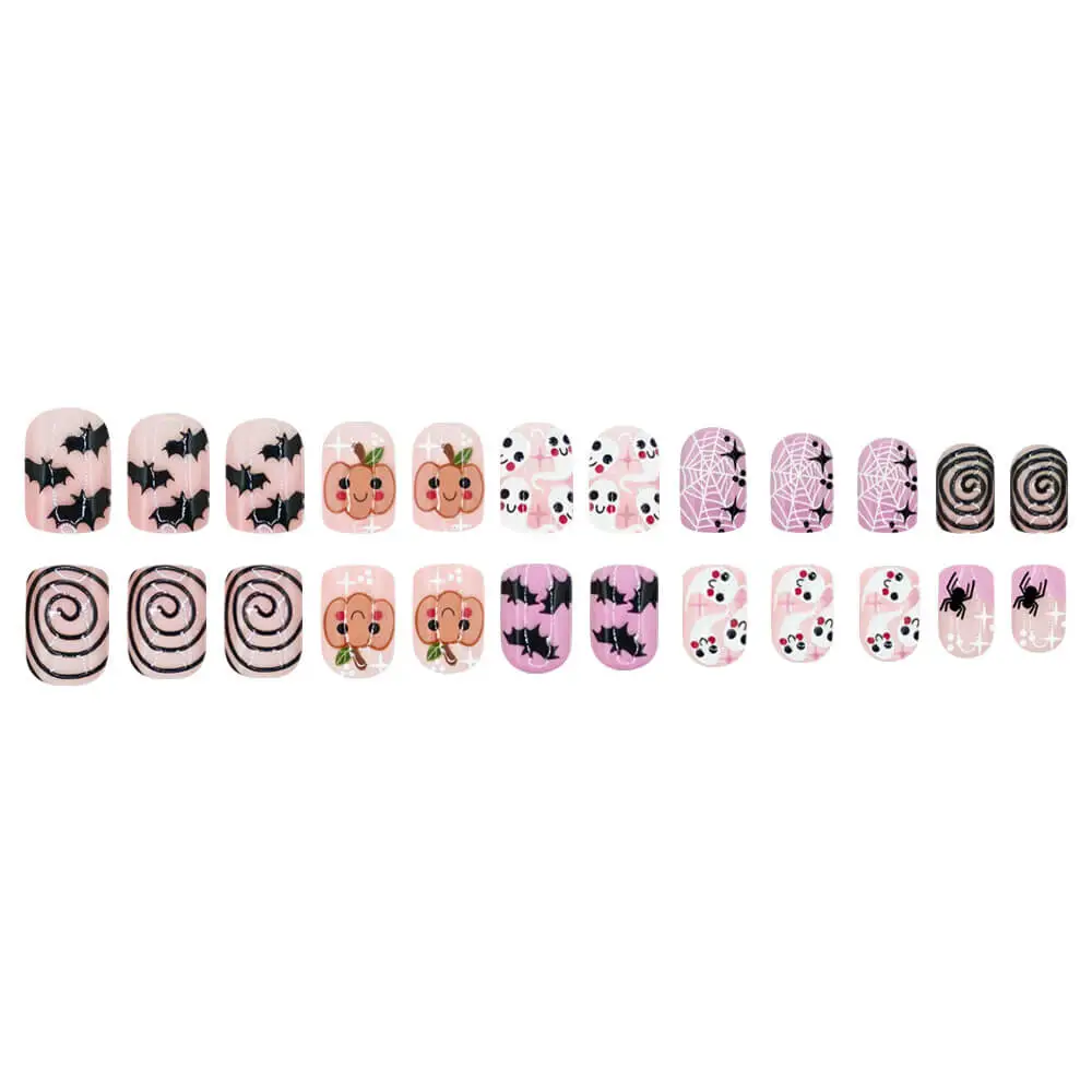 Nailhour 24Pcs Halloween Short Square Pink PumpkinPress On Nails