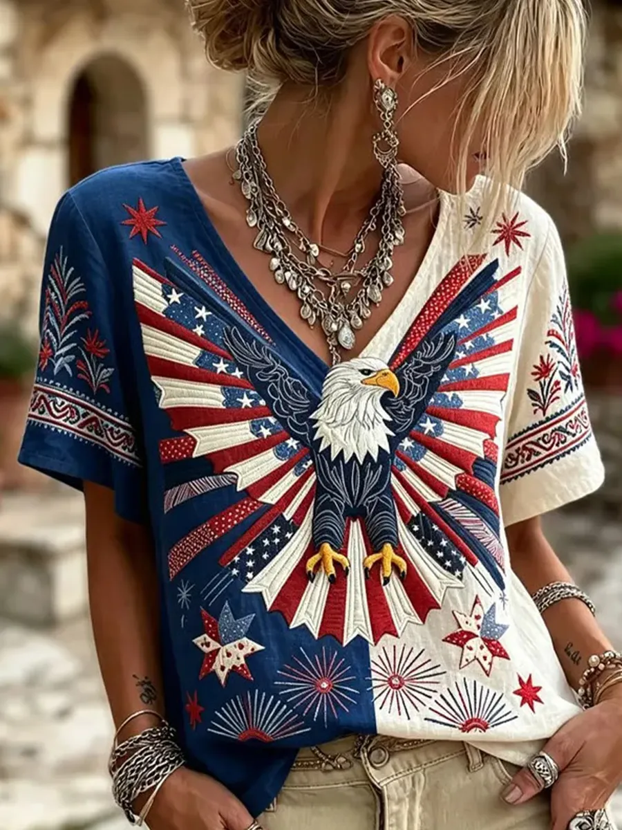 Women's USA 250th Anniversary Floral Print V-Neck Short-Sleeve Top