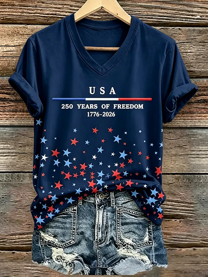 250Th Anniversary American Embroidery Commemorative V-Neck Short Sleeved T-Shirt