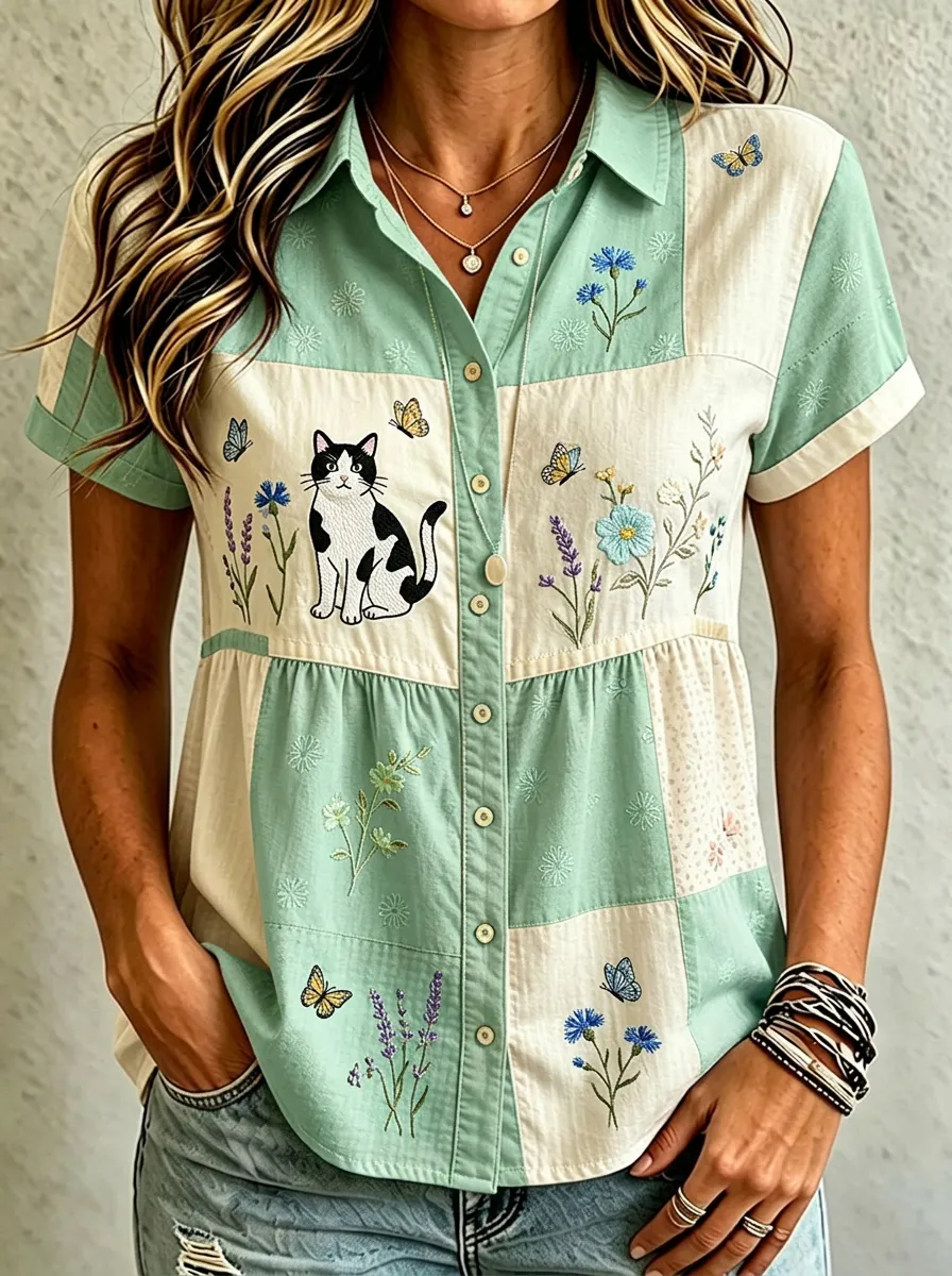 Women's Cat Lover Floral Butterfly Embroidered Cotton Linen Shirt