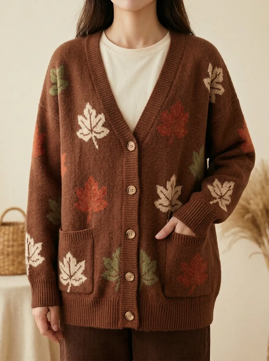 Meadow Maple Leaf Pattern Patterned Women's Knit Cardigan