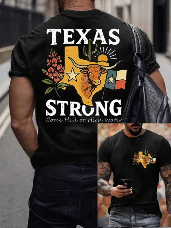 Men's Retro Texas Strong Come Hell Or High Water Print T-Shirt
