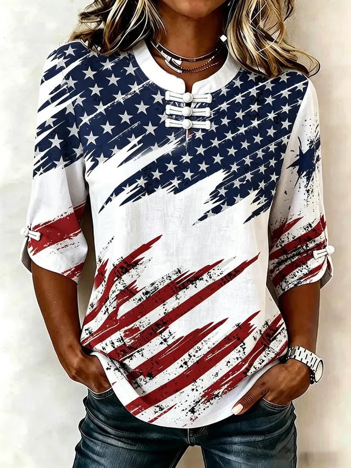 Women's Retro Flag Print Cotton Linen Top