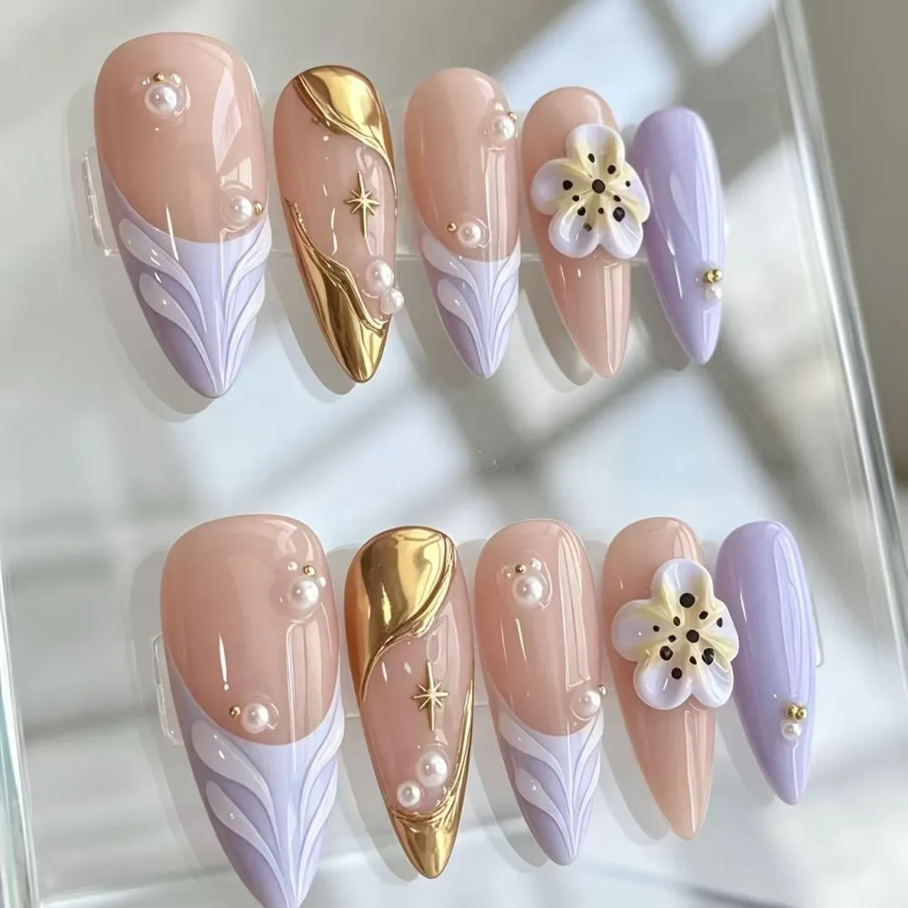 Nailhour 10Pcs 3D French Gilded Purple Medium Almond Press On Nails