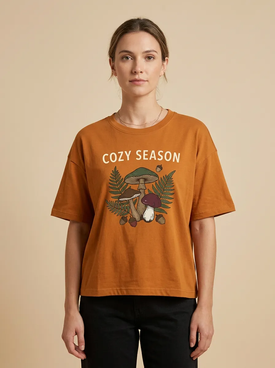 Botanical Mushroom Fern Printed Women's Graphic T-Shirt