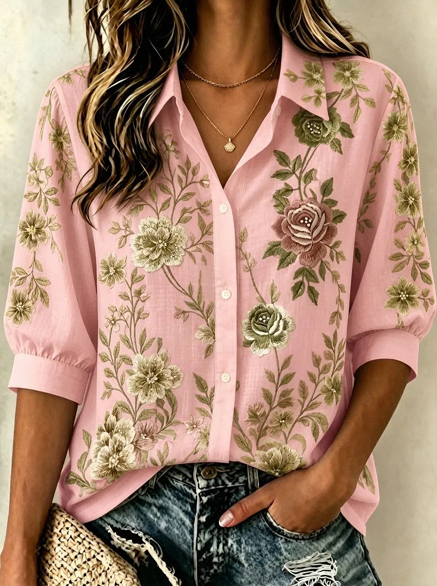 Women's Breast Cancer Awareness Floral Rose Printed Button-up Shirt