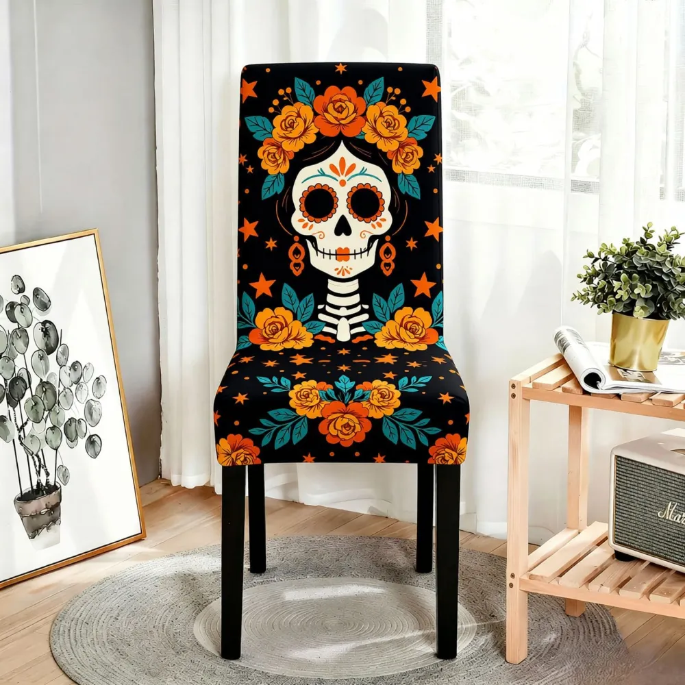 2Pcs Halloween Flower Skull Dining Chair Decoration Chair Cover