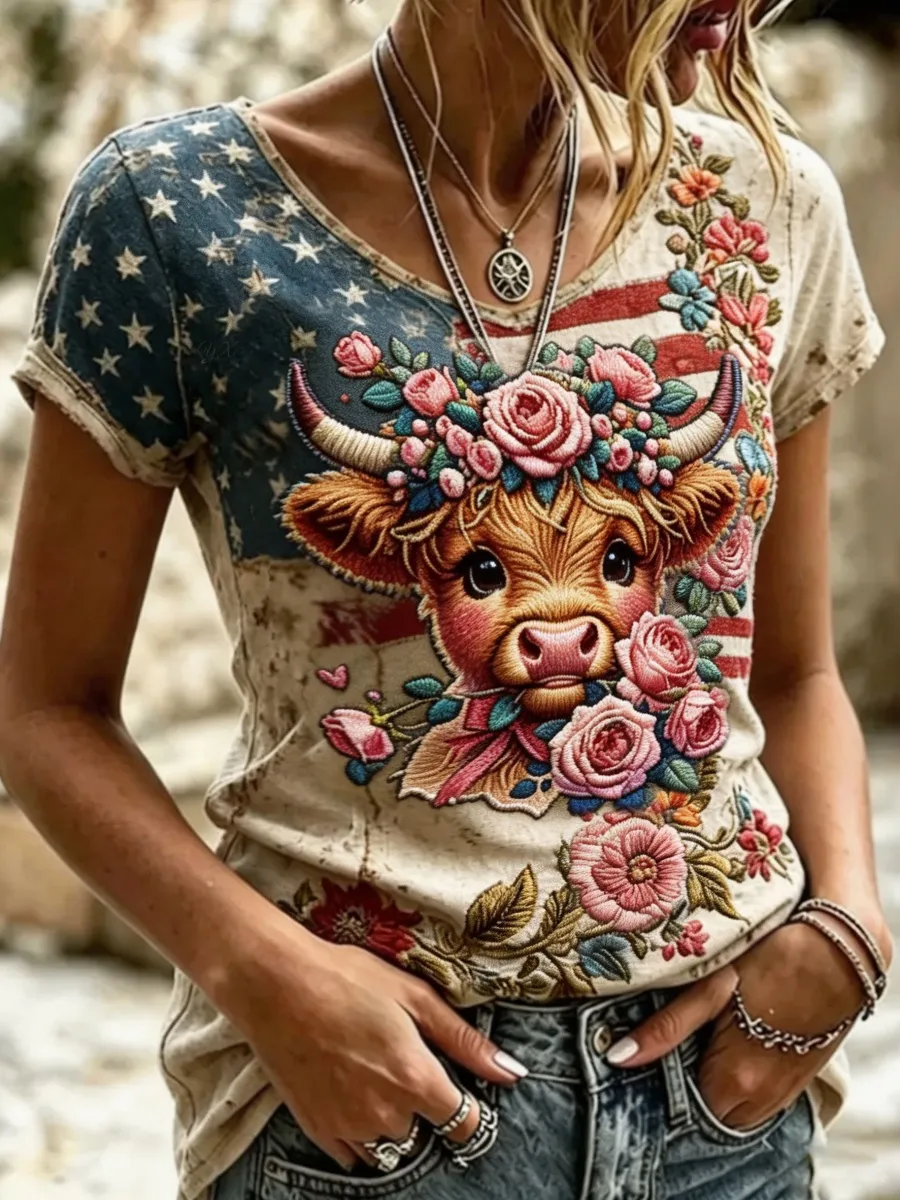 U.S. 250th Anniversary Highland Cow Print Women's Vintage T-Shirt