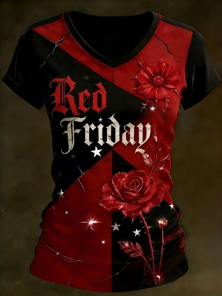 Women'S Casual Red Friday Print Short-Sleeve T-Shirt