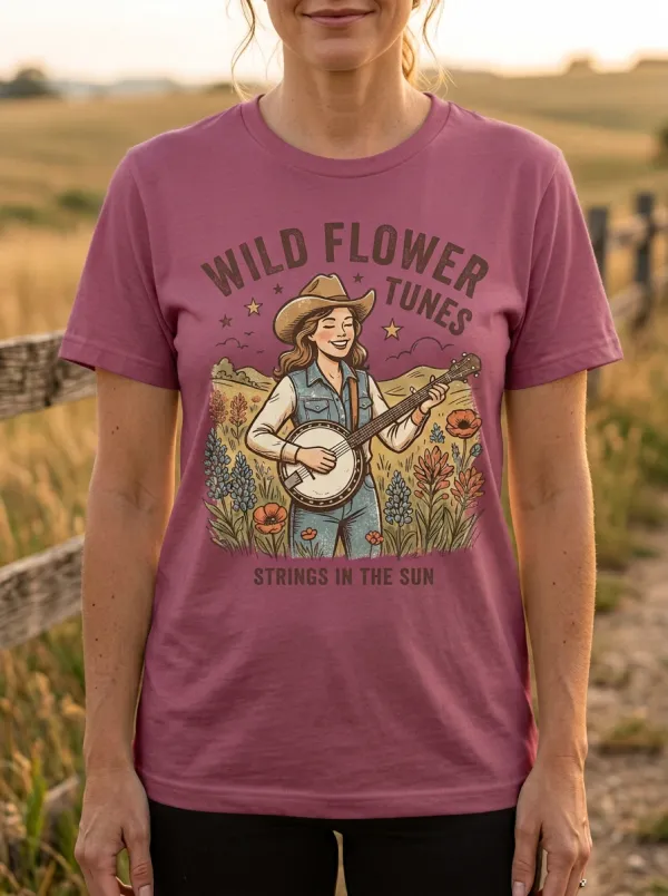 Western-Inspired Banjo Floral Women's Country Music Crew-Neck T-Shirt