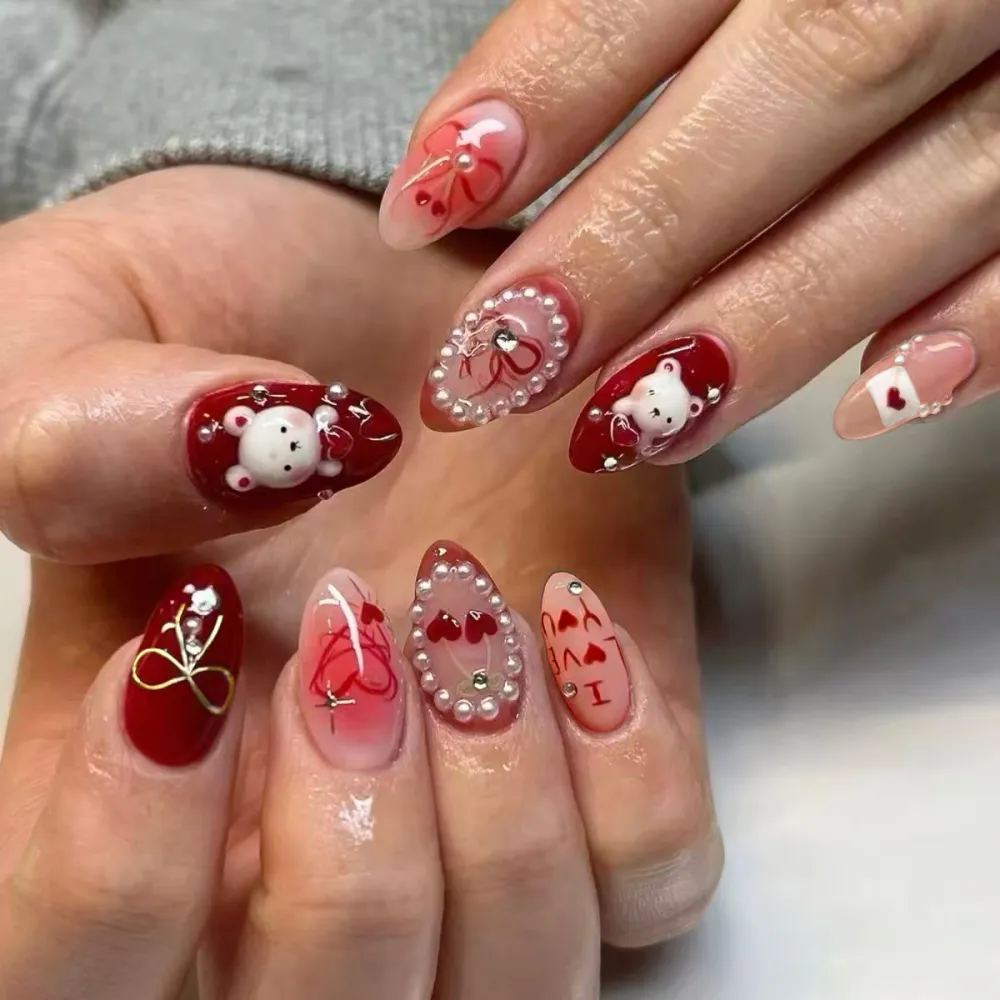 Nailhour Red Bear Pearl 3D 30Pcs Handmade Date Press On Nails
