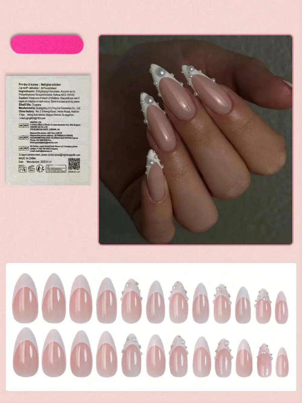 Nailhour French Pearl Elegant Minimalist 24Pcs Nude Wedding Party Press On Nails