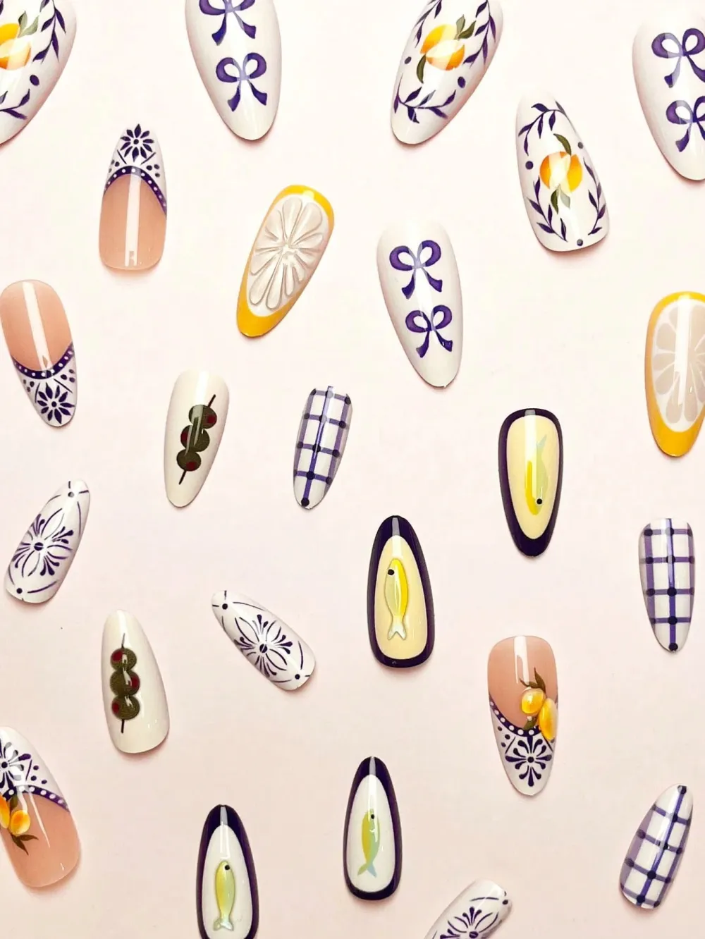 Nailhour Almond White 24Pcs Lemon Cute Fish Blue Plaid Press On Nails