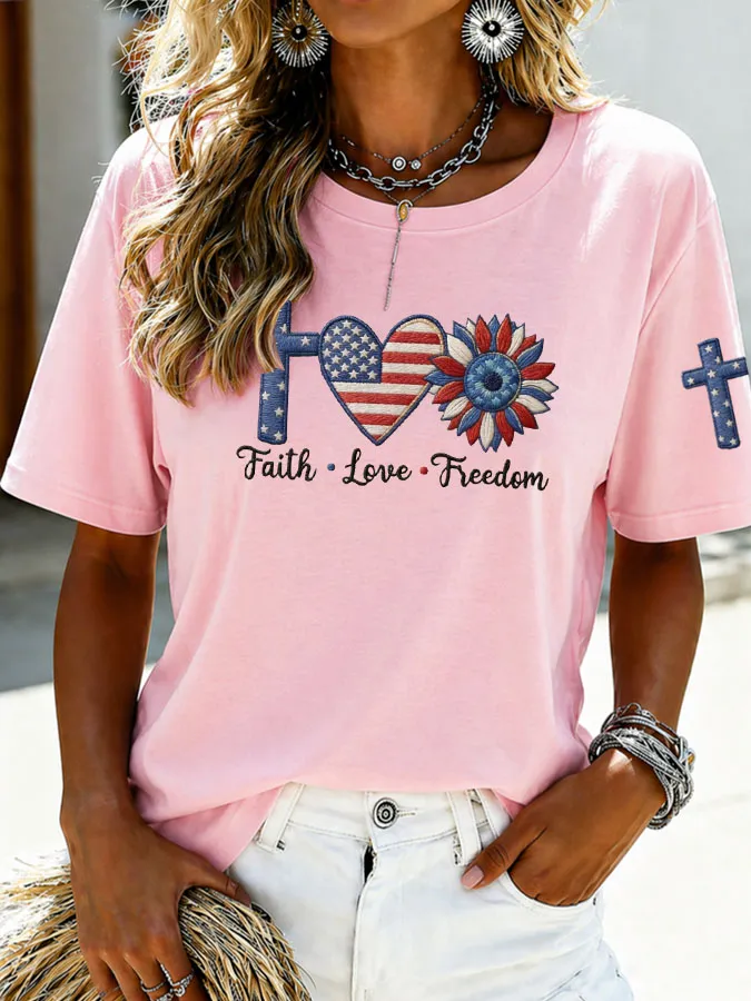Women'S Faith Love Freedom  Casual T-Shirt