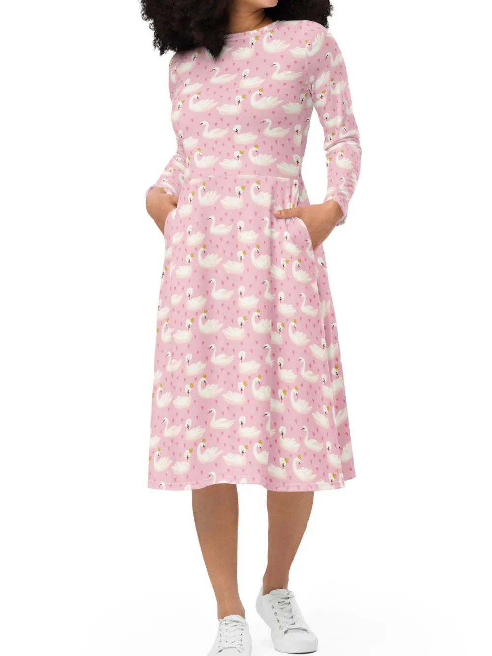 Swan Print Long Sleeve Midi Dress