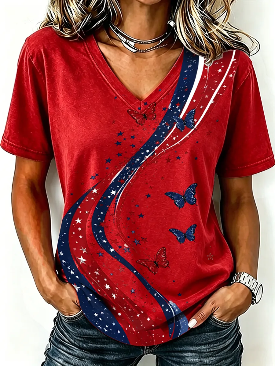 Women'S America Flag  Print Casual V-Neck T-Shirt