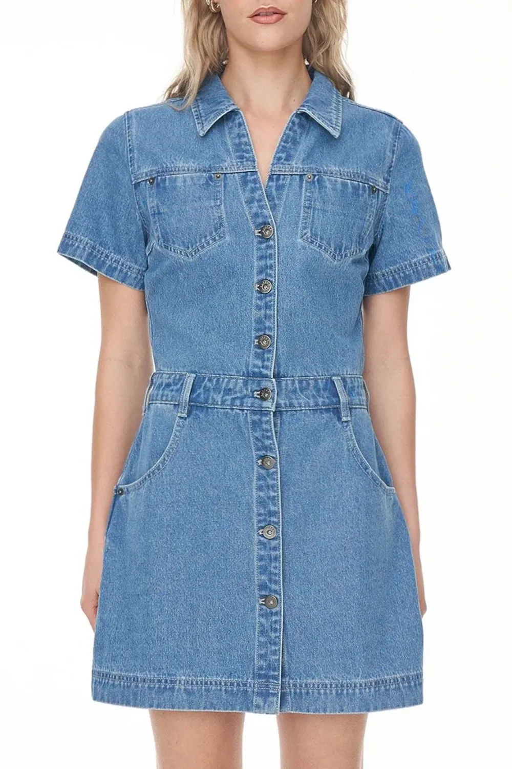 Denim Button - Front Short - Sleeve Dress