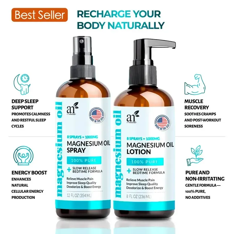 ArtNaturals Magnesium Oil Spray 12 oz + Body Massage Lotion Set 8oz for Feet & Sleep - Extra Strength Cream Ultra-Pure, Relief & Relaxation, Muscle Health Leg & Joint Care Topical Non Itch Pack Aloe Calming Cosmetic body oil