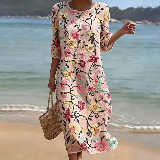 Vintage Floral Art Pattern Linen Blend Loose Three-quarter Sleeve Dress