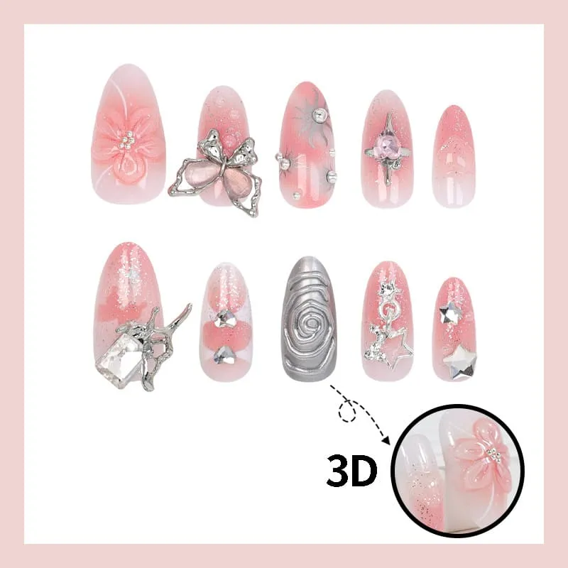 Nailhour 30Pcs Star Butterfly 3D Medium Almond French Press On Nails
