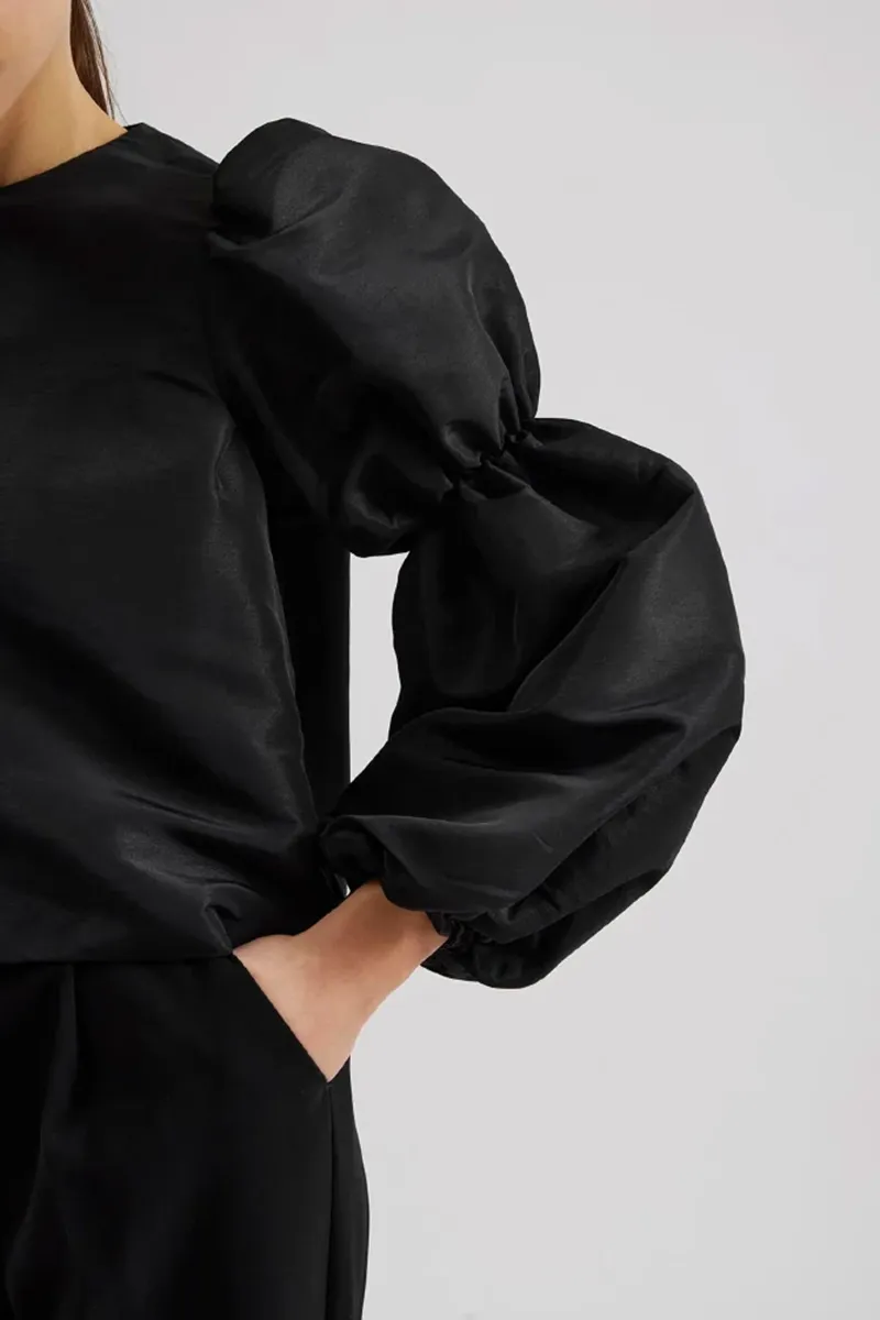 Puff Sleeve Crew Neck Black Blouses