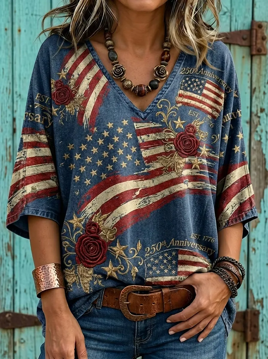 Americana 4th Of July Printed Casual V-neck Denim Top