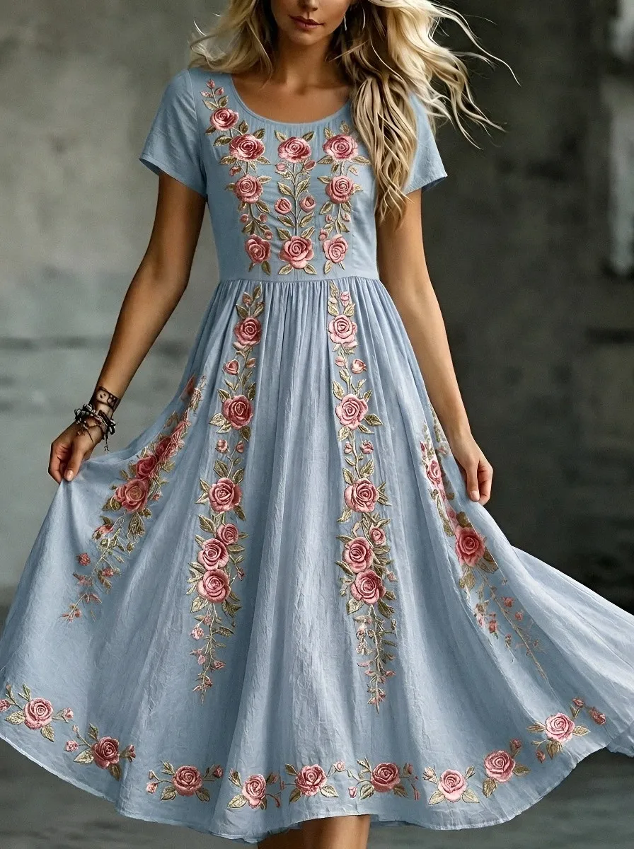 Women's Breast Cancer Awareness Rose Floral Embroidered Printed Dress