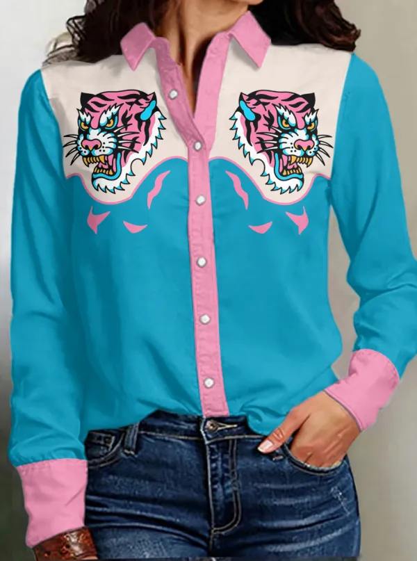Women's Pink Leopard Print Western Long Sleeve Shirt