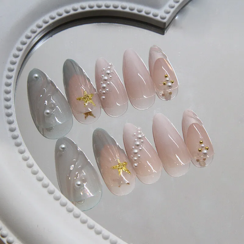 Nailhour 24Pcs 3D Gradient Medium Almond French Press On Nails