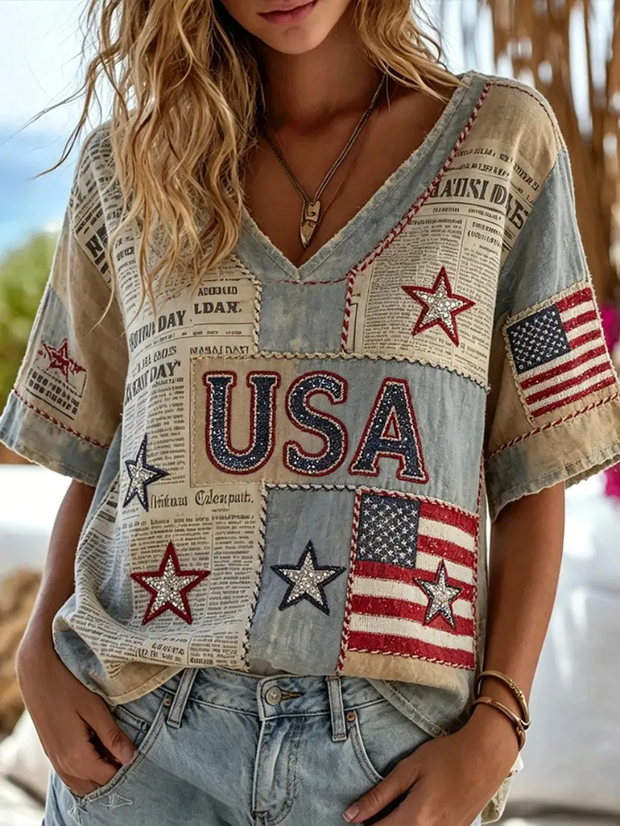 Vintage Flag And Newspaper Embroidery Art Cotton Linen V-neck Short Sleeve Top