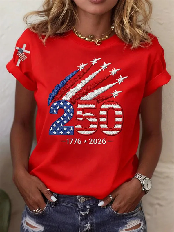 American Women's 250th Anniversary Embroidered Printed Round Neck Short Sleeve T-shirt