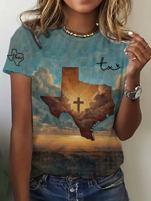 Women's God Bless Texas Print Round Neck T-Shirt