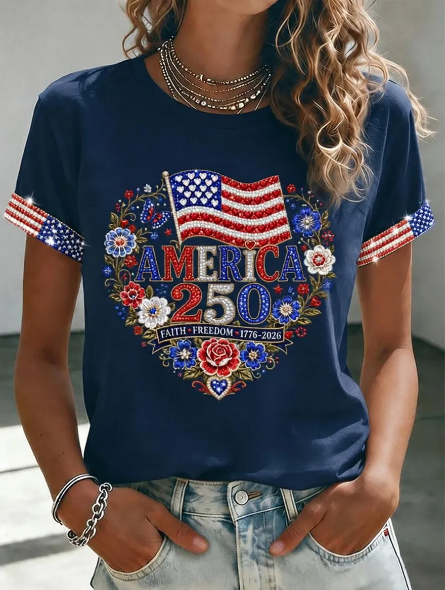 Women'S American Independence Day 250Th Anniversary Printed Short Sleeved T-Shirt