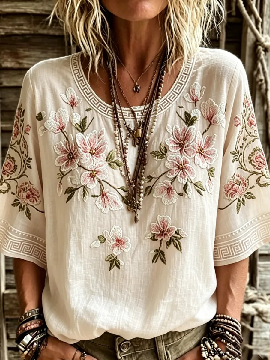 Women'S Floral Print Round Neck Short Sleeved T-Shirt