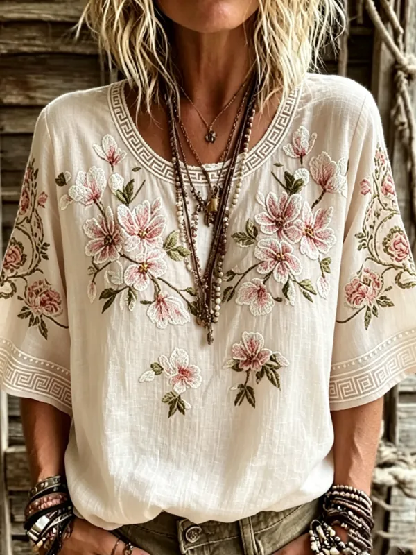 Women'S Floral Print Round Neck Short Sleeved T-Shirt