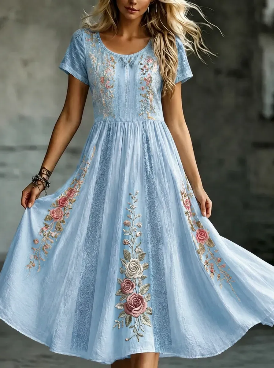 Women's Breast Cancer Awareness Floral Rose Embroidered Printed Dress