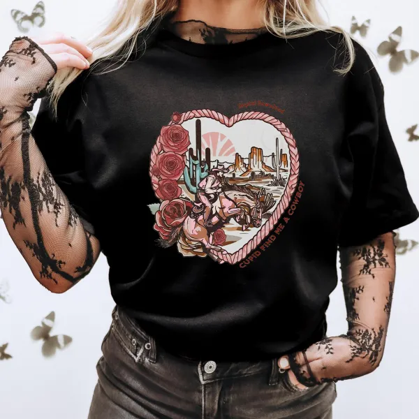 A Cowboy On A Horse With Roses And Cactus In The Heart-Shaped Outline, With A Desert And Sunrise Scene In The Background, Western Cowboy Style, Casual T-Shirt
