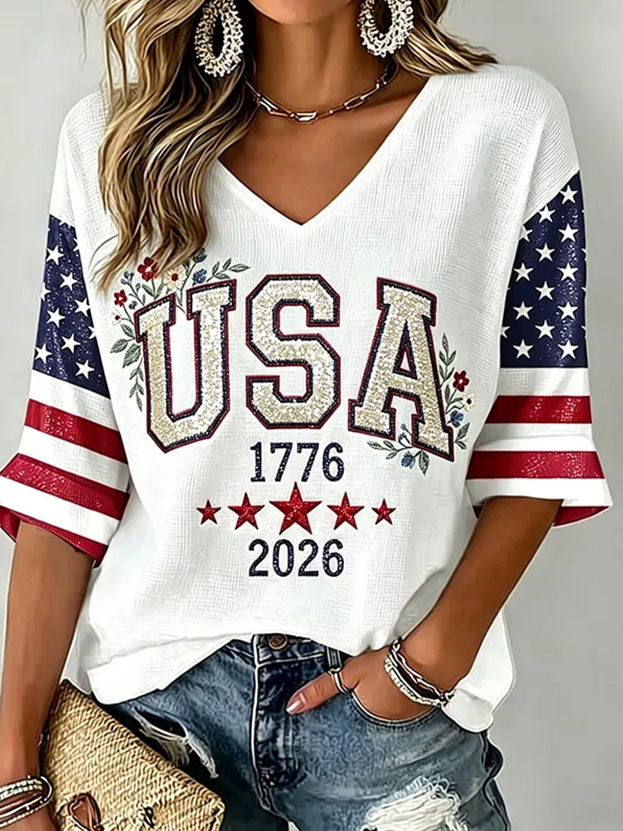 Women's 250th Anniversary Of The United States Printed V-Neck Top