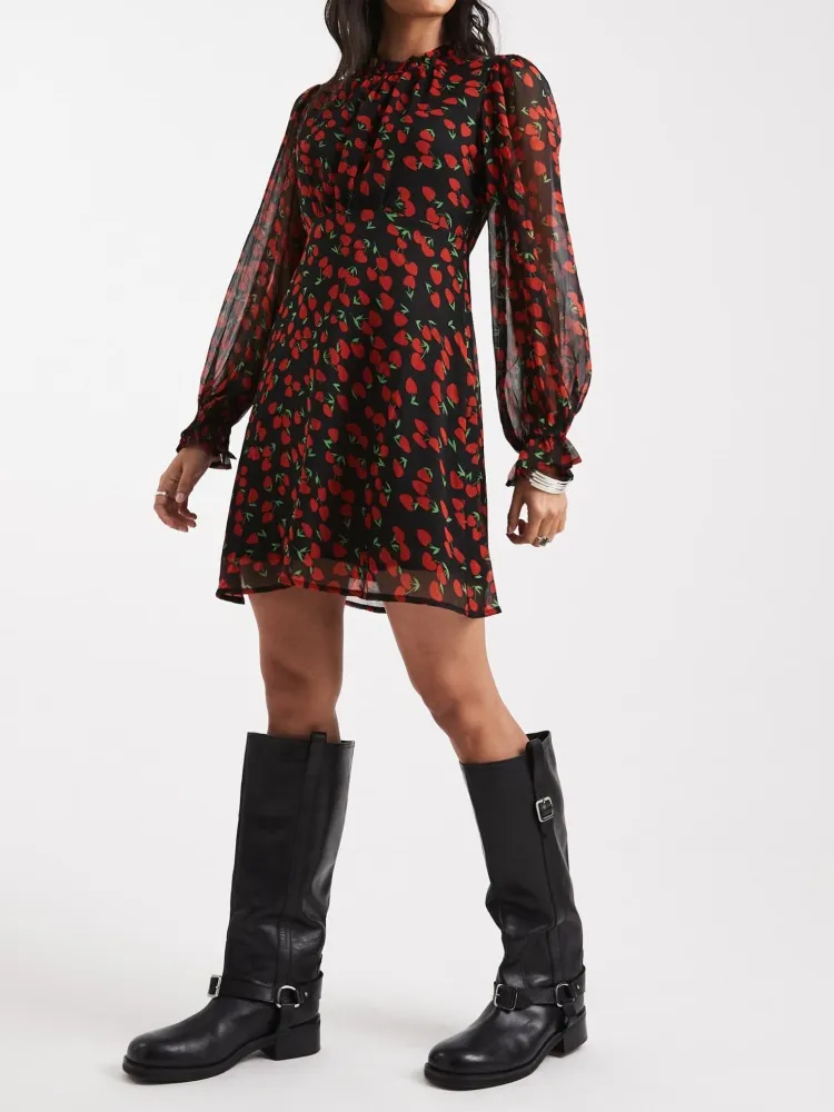 Cherry Print Ruffle Sleeve Dress