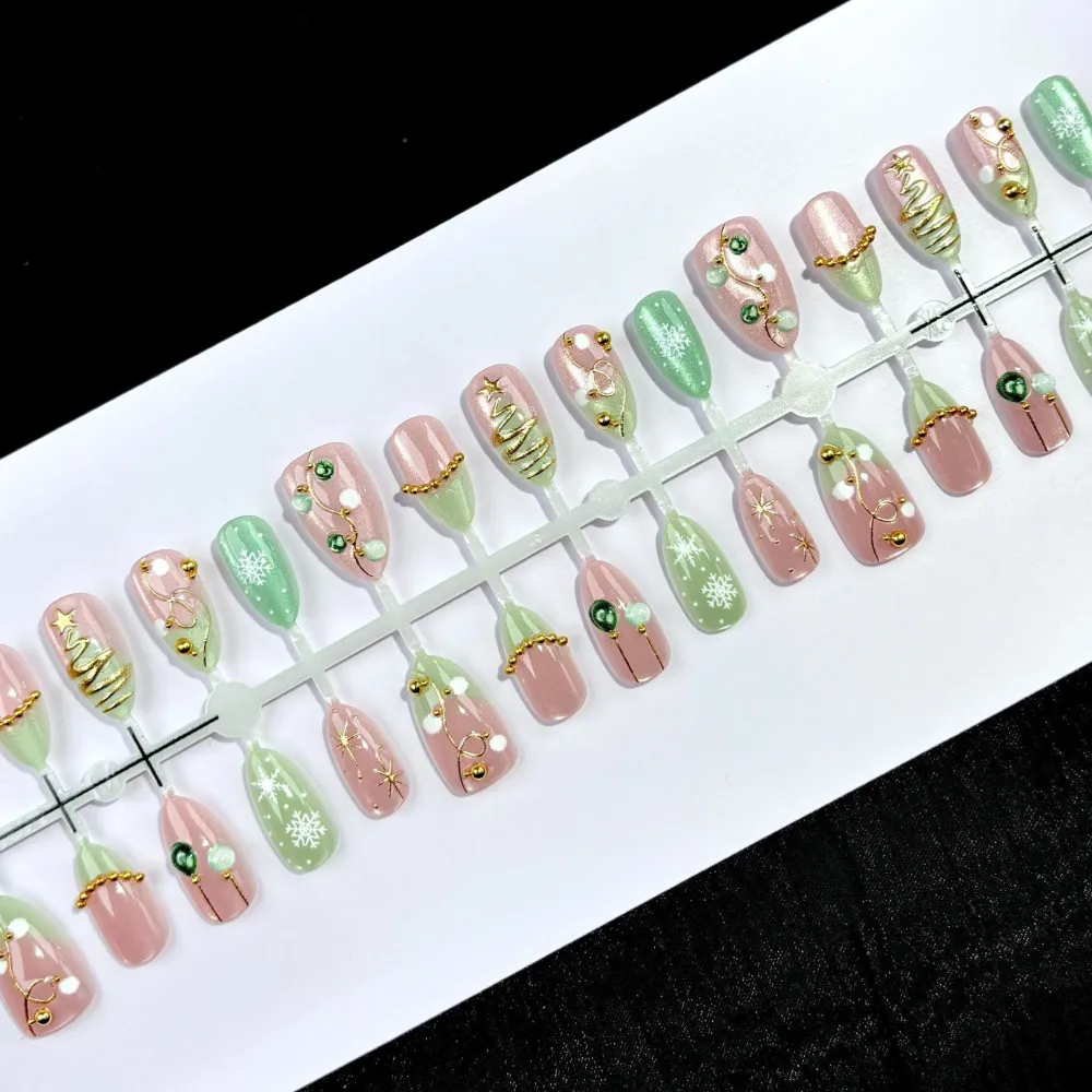 Nailhour 30Pcs Green 3D Medium Almond Christmas French Press On Nails