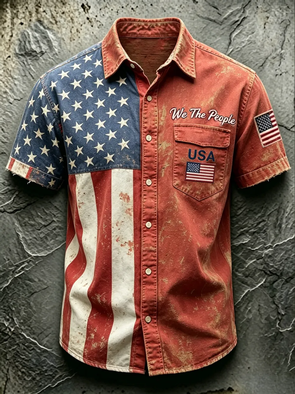 Men'S Casual American Flag 250Th Anniversary Printed Pocket Short Sleeved Shirt