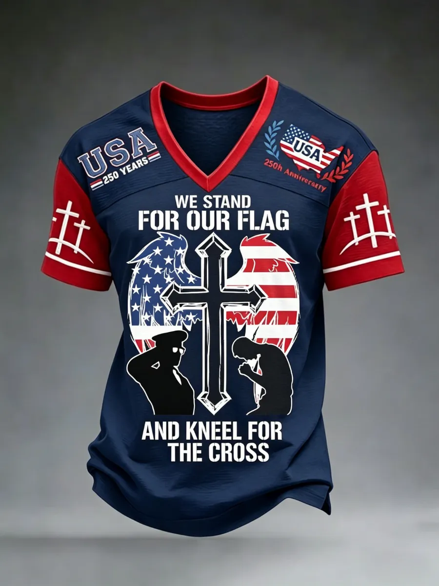 Men's America's 250th Anniversary Stand For The Flag Kneel For The Cross Faith Christian Cross Print T-Shirt