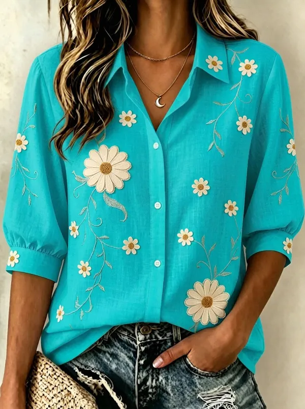Women's Breast Cancer Awareness Daisy Floral Embroidered Printed Shirt